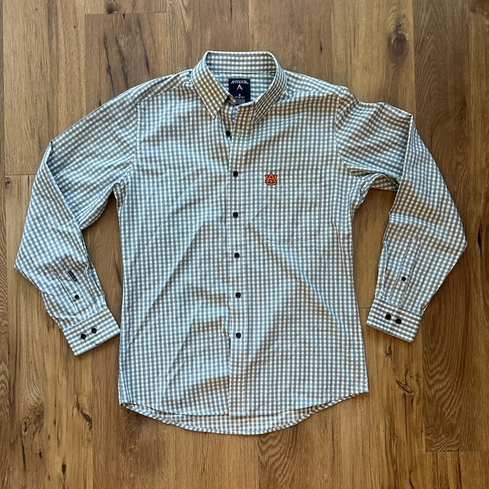 Antigua Mens Auburn Tigers Gingham Button Down Shirt Grey White Long Sleeve M